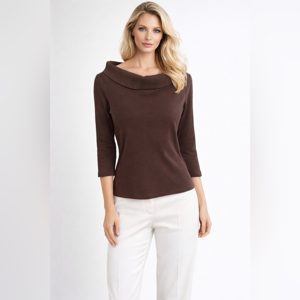 Rafaella Shirt Womens Size Medium Brown Ribbed 3/4 Sleeve Top Casual Ladies